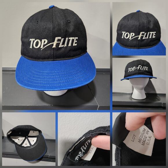 VTG 90s Top Flite USA Made Mens M Medium Golf Fitted Hat Cap Black Blue - Picture 1 of 15